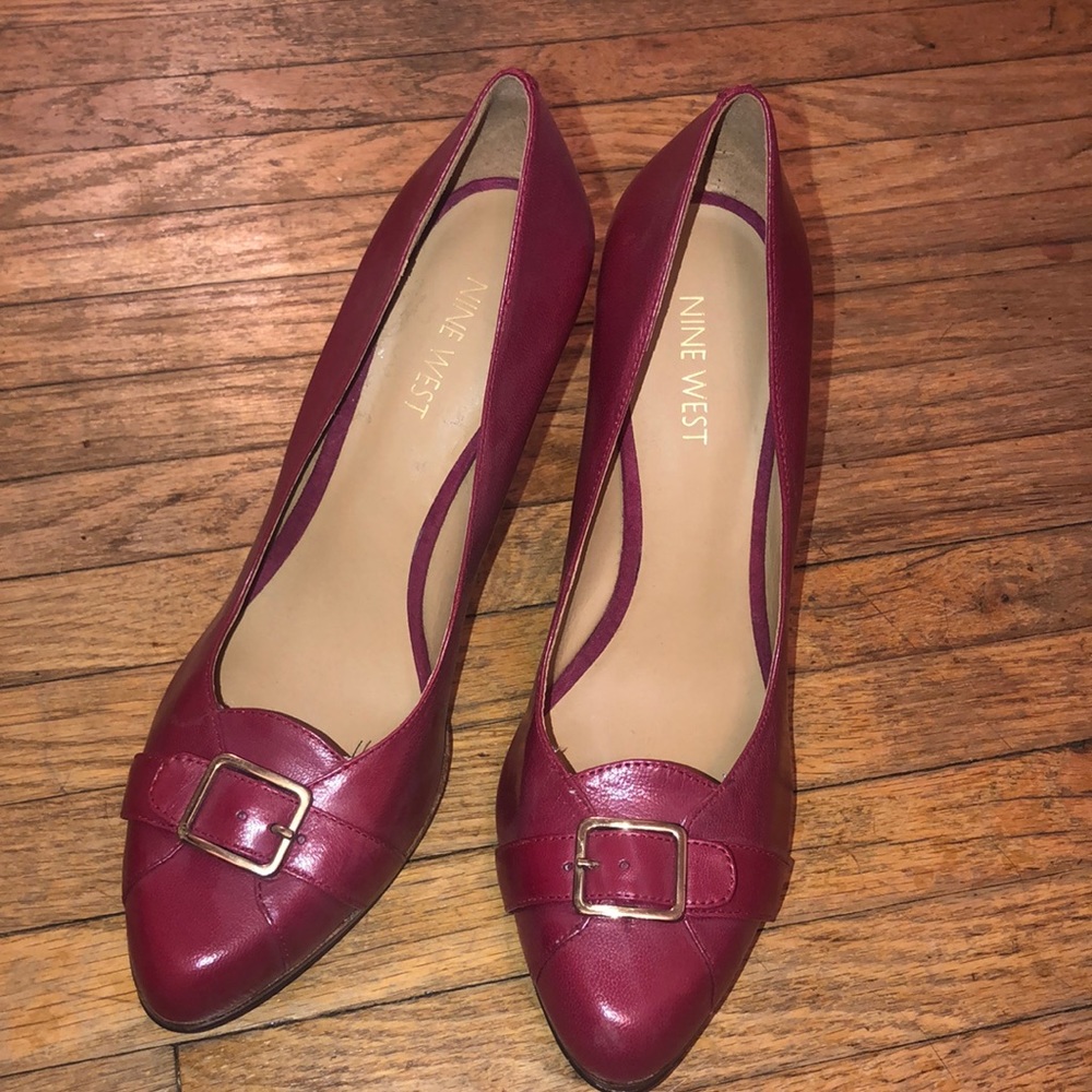 Red Leather Nine West Buckle Heels